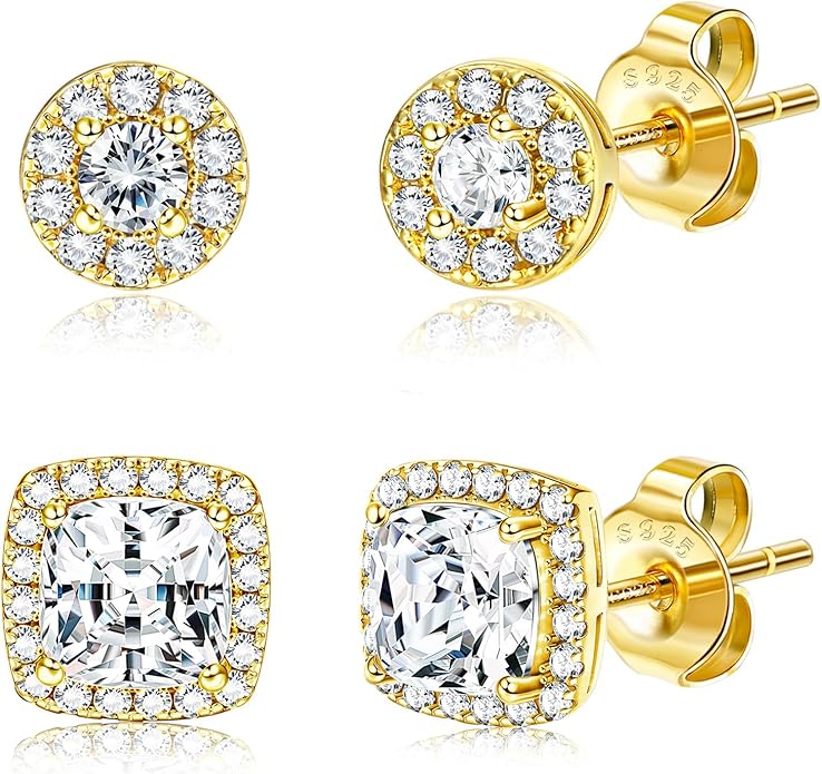 Hayoso 18K Gold Plated Halo Stud Earrings 925 Sterling Silver Cubic Zirconia Stud Earrings Round Square Diamonique Stud Earrings Set for Women Men