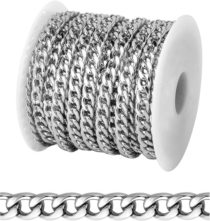 [16.5 FT] Silver Curb Chains for Jewelry Making, 5mm Wide 304 Stainless Steel Cuban Link Chain Roll Bulk for DIY Jewelry Making Craft