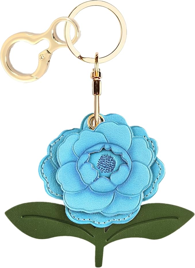 Leather Keychain Holder Case Compatible with AirTag,Cute Protective Apple Air Tag Cover with Keychain Ring,Anti-Scratch Finder GPS Tracker Case for Wallet Keys,Bag,Pets(Blue Peony)