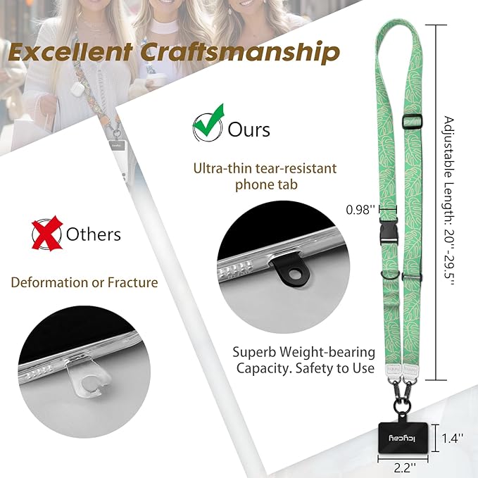 Phone Lanyard Crossbody, Green Tropical Leaves Cell Phone Strap for Around The Neck Adjustable, Teacher Anti Theft Cute Lanyard for iPhone Case ID Holder Keys Accessories Travel Essential
