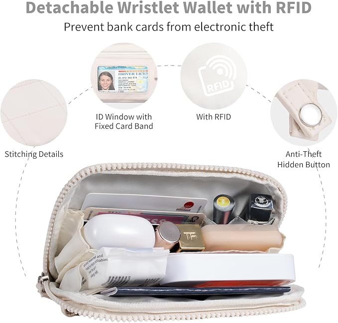 Clip and Go Strap for Phone with Wallet Crossbody Phone Lanyard with Anti-Theft Zipper Pouch Detachable Quilted Wrist Wallet with RFID and ID Window for Daily Travel. Apricot Large