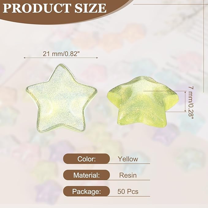 uxcell 50Pcs Flat Back Star Resin Charm, Glitter Star Charm Mini Bulk Beads Embellishments for DIY Crafts Hair Clips, Photo Frames, Phone Cases, Scrapbooking Decor, Yellow