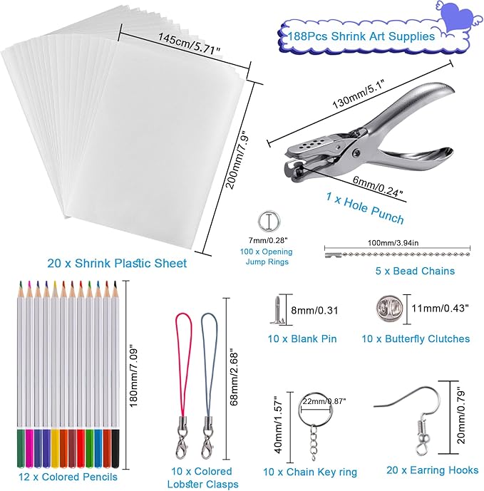 chfine Heat Shrink Plastic Sheets Keychain Kit, 188Pcs Shrinky Dink Sheets Shrinky Dink Paper Shrink Art Kits for Kids Including 20Pcs Shrink Paper Sheets, Hole Punch, Pencils, Keychains for Crafts