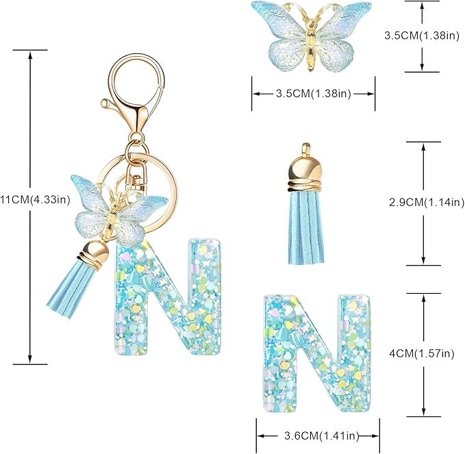 Fashion Alphabet Initial Letter Keychain Tassel Butterfly Pendant Key Ring for Purse Handbags Women Girl