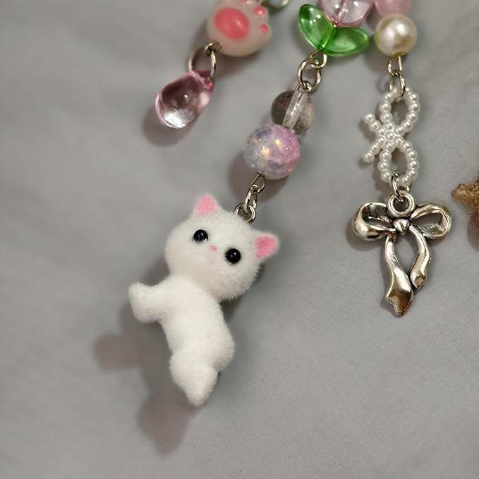 Cute Cat Keychain, Y2K Heart Bow Pendant, Kawaii Cat Bag Charm