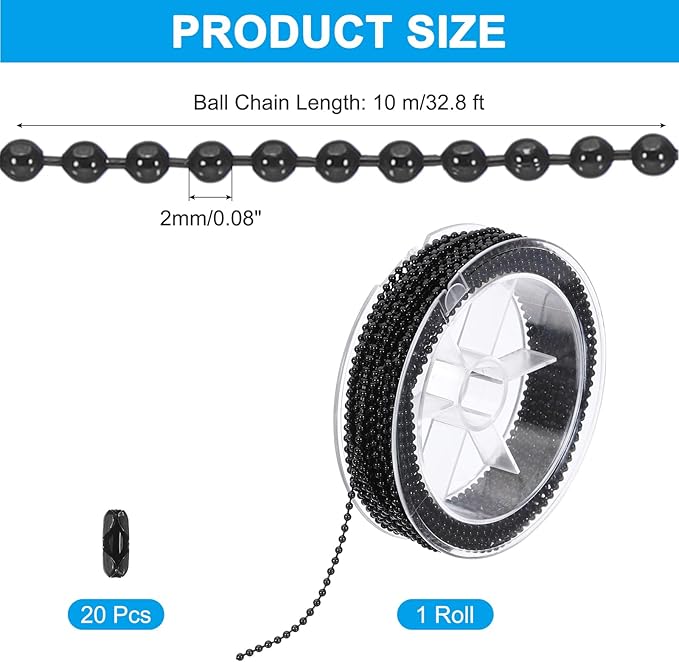 PATIKIL 10m/32.8ft Beaded Ball Chain, 2mm Stainless Steel Pull Chain Extension with 20 Pcs Connectors for Tag Chain, Keychain Rings, DIY Crafts, Black