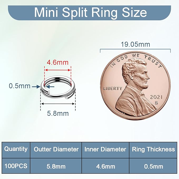 100 PCS 5.8mm Mini Split Ring for Jewelry Making, Double Loops Round Split Jump Rings Necklaces Bracelets Earrings Metal Keychains Tiny Key Rings Pet Collar Tag DIY Craft Accessories