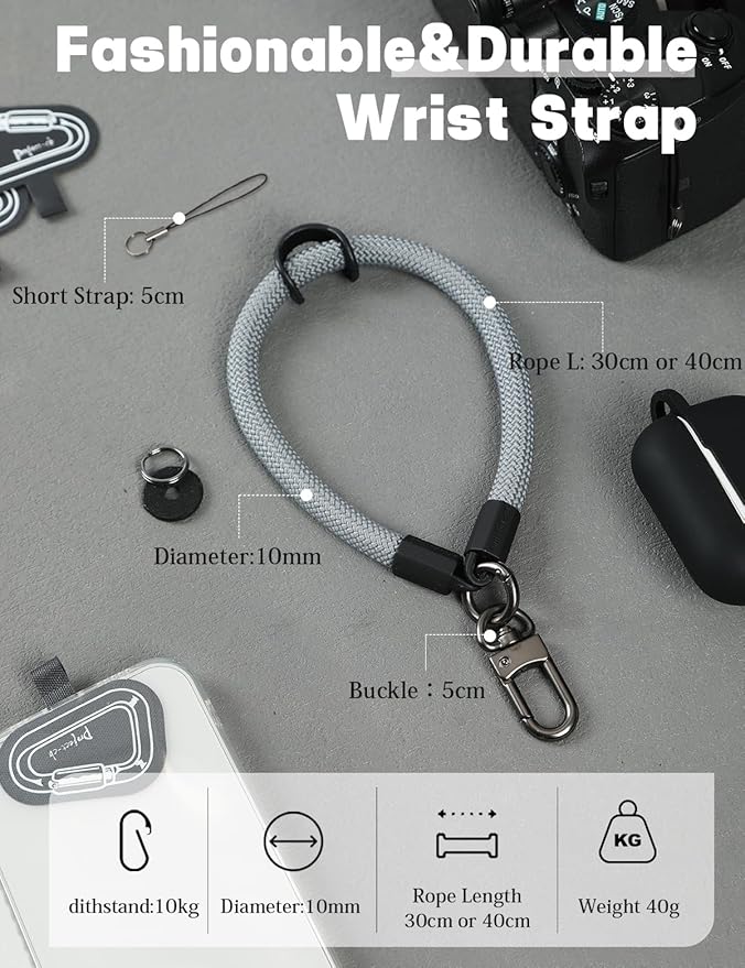 project-cb Hand Wrist Phone Strap,Phone Lanyard Patch ×2,Cell Phone Case Holder,Wristlet Strap for Key,AirPods,Camera (Gray, 15.7inch)