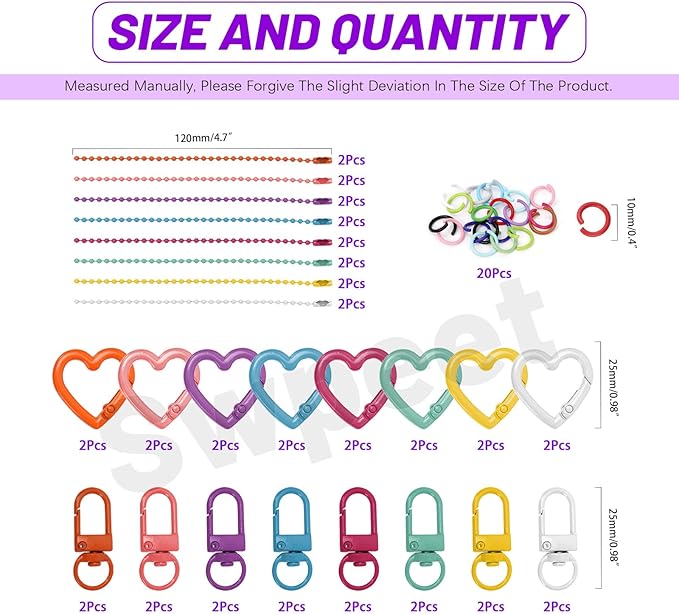 Swpeet 68Pcs 8Colors Swivel Lobster Claw Clasps with Heart Shaped Keychain Clips, Open Jump Rings and Ball Chains Assortment Kit, Metal Carabiner Keychain Clip for Connecting and DIY Craft Making