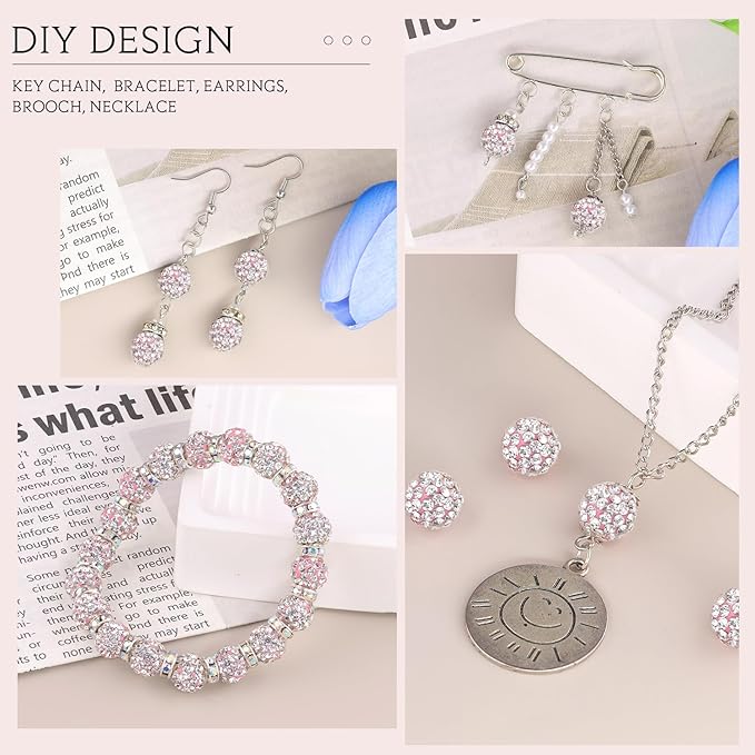 200 Pcs Pink White Rhinestone Beads for Jewelry Making, Sparkle Crystal Clay Christmas for Bracelet Baseball Necklace Earring Crafting and DIY, Shiny Round Shamballa Disco Ball Beads Bulk