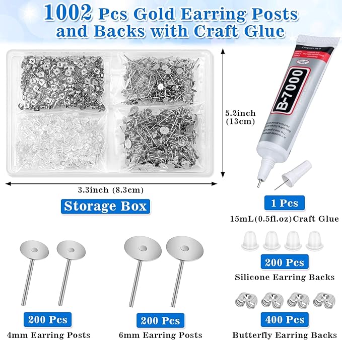 Evatage Multipurpose Adhesive Jewelry Glue with 1002Pcs Stainless Steel Earring Posts and Backs, Silver Stud Posts with Butterfly and Rubber Bullet Earring Backs for Jewelry Making Supplies Kit