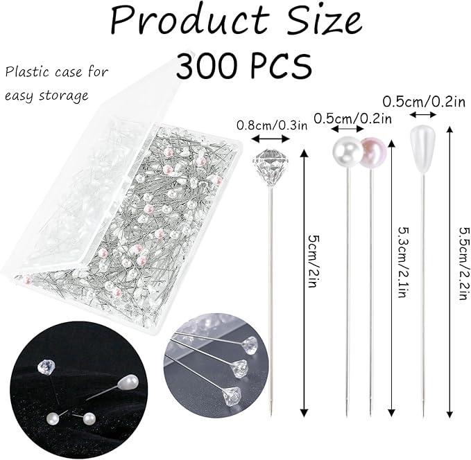300PCS 4 Styles Bouquet Pins Flower Pin Pearl Head Pins Crystal Corsage Pins for Dressmaking Jewelry Flower Decoration Bridal
