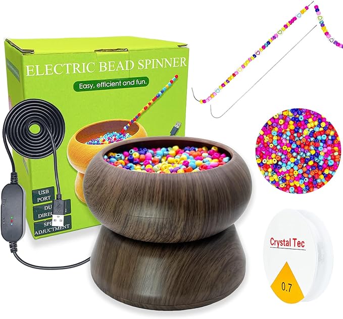 Xmada Electric Bead Spinner - Bead Spinner with 2PC Beading Needles and Seed Beads, Waist Beads Kit, Bead Spinner for Jewelry Making, Electric | Speed Adjustment Beading Tools (Black Walnut)