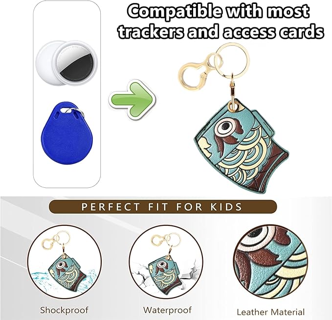 Leather Keychain Holder Case Compatible with AirTag,Cute Protective Apple Air Tag Cover with Keychain Ring,Anti-Scratch Finder GPS Tracker Case for Wallet Keys,Bag,Pets(Blue Fish)