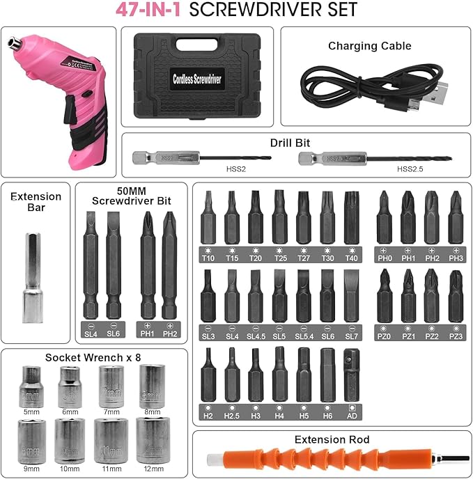 Cordless Power Screwdriver Electric Screwdriver Rechargeable Set, Battery Powered Screwdriver Kit Including 49pcs Bits, Pivoting Handle and LED Lights Small Drills Cordless