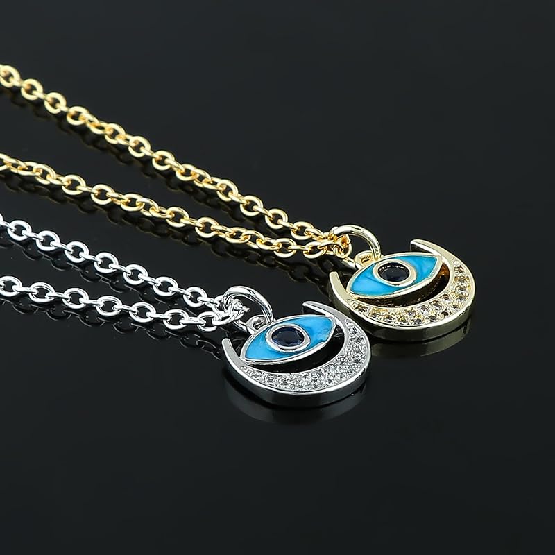 JOR Evil Eye Charm Pendant Necklace, Women Jewelry, Dainty Gold & Silver Plated Combo Chain 18 inch (Pack of 2)