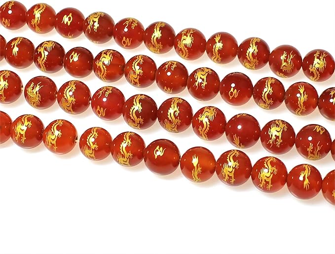 MJDCB Natural Stone Beads 10mm 35pcs Round Red Agate Carved Dragon Loose Gemstone Bead Charms for Jewelry Making Bracelet Necklace Earring Pendant