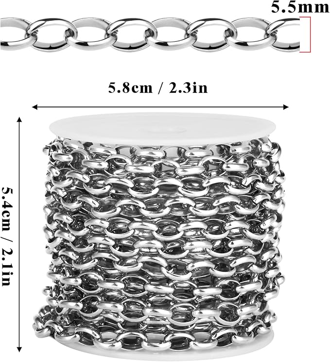 16.5FT Stainless Steel Oval Rolo Chains Roll, 5.5mm Width 304 Stainless Steel Oval Cable Link Chain Bulk Spool for Jewelry Making DIY Craft