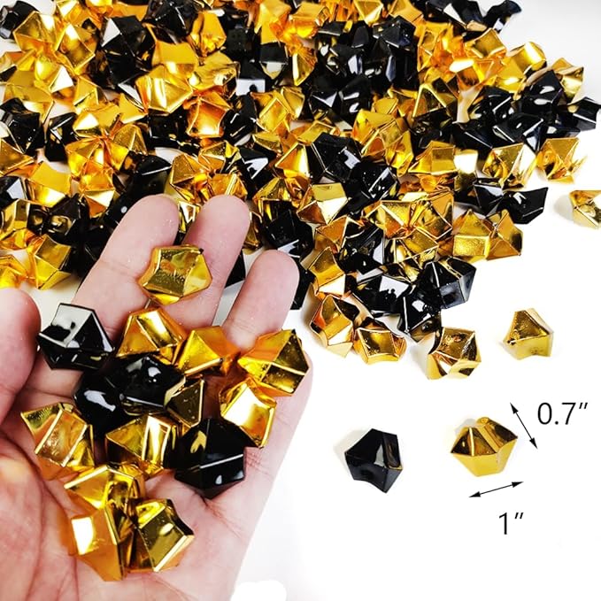 HappyFiller Fall Christmas Decoration Fake Ice Rocks Acrylic Nuggets Gems Stones for Wedding Centerpieces Vase Fillers,Graduation Table Scatters Party Decor,Home Accents,Gold Black,14 OZ