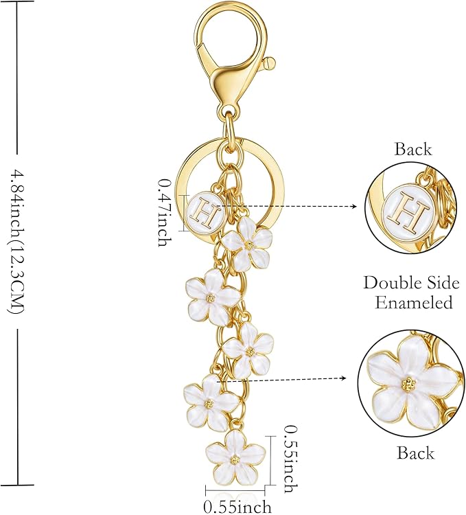 XGALBLA White Pink Black Cute Initial Letter Keychain for Women, Flower Bag Charms Enamel Keyring for Handbag Backpack
