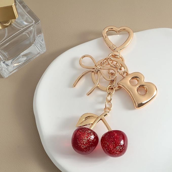 Snycler Bubble Initial Keychain with Cherry & Bow - Gold Letter Bag Charms for Women, Cute Purse Handbag Accessories