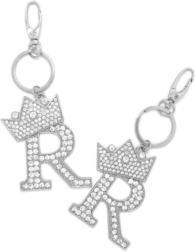 CBC Crown Crystal Rhinestone Letter Initial Keychain, Gold Metal, Bag Charm with Key Ring Approx. 2.17" x 2.56"