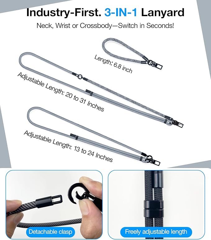 Phone Lanyard Crossbody, 3-in-1 Neck Strap& Wrist Strap, Adjustable Anti-Theft Lanyard with 2 Phone Tether Tabs, Universal Cell Phone Strap for iPhone 17 Pro Max, Travel Essential,Grey