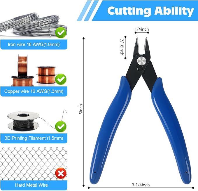 QBY Micro 170 Wire Cutters, 5'' Precision Flush Cutters with Spring, Diagonal Side Cutting Pliers for Jewelry Making, 3D Printing, Electronics, Crafting and Plastic Models, Blue, 2 Pack