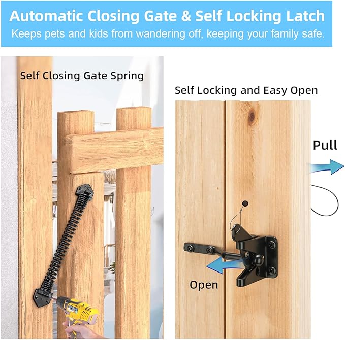 Fence Gate Kit Gate Hardware, 1 Set Anti Sag Gate Kit Gate Frame Cornor Brackets Kit with Self Closing Gate Springs Hings Latchs for Outdoor Garden Backyard Wooden Fence Deck Porch Gate