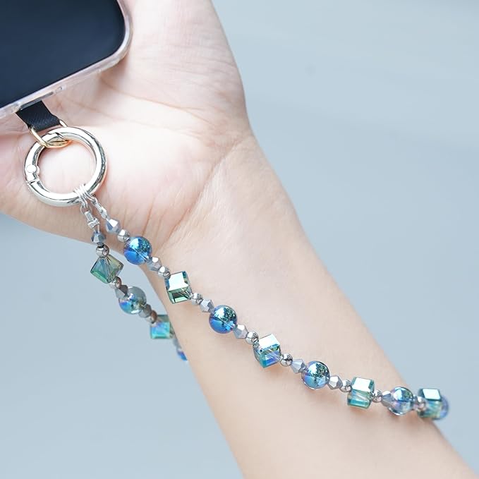 Cell Phone Wrist Strap Crystal Beaded Phone Bracelet Strap For Women Sparkling Beads Wristlet Lanyard Beaded Chain (Aqua Glass Green)