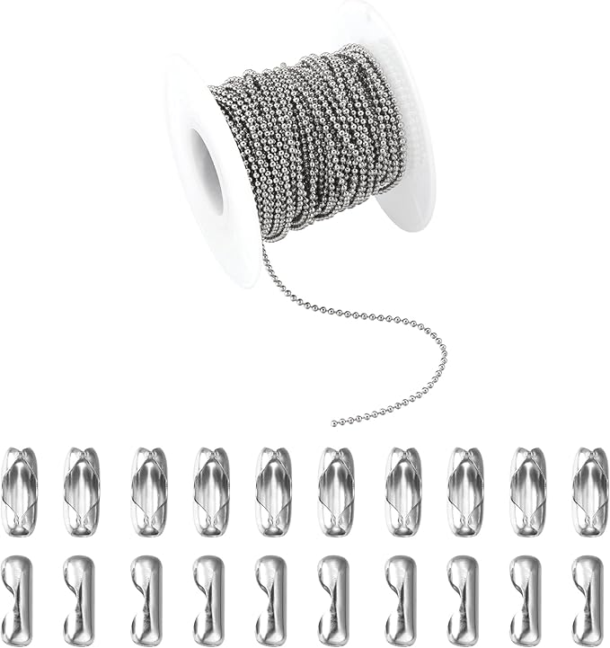 Topacket 33Feet Ball Bead Chain Stainless Steel Dog Tag Chain with Matching Connectors for Jewelry Making Necklace Hanging Bracelets Keychain(1.5mm)