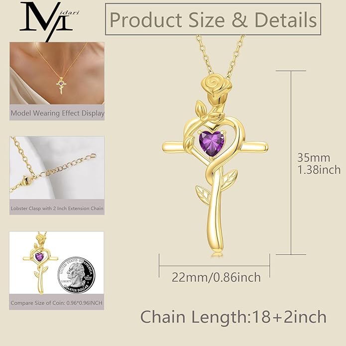 Midari 18K Yellow Gold Cross Pendant Rose Birthstone Necklaces for Women Christian Cross Jewelry with 12 Months Birthstone Birthday Gifts for Wife Her Daughter Mom