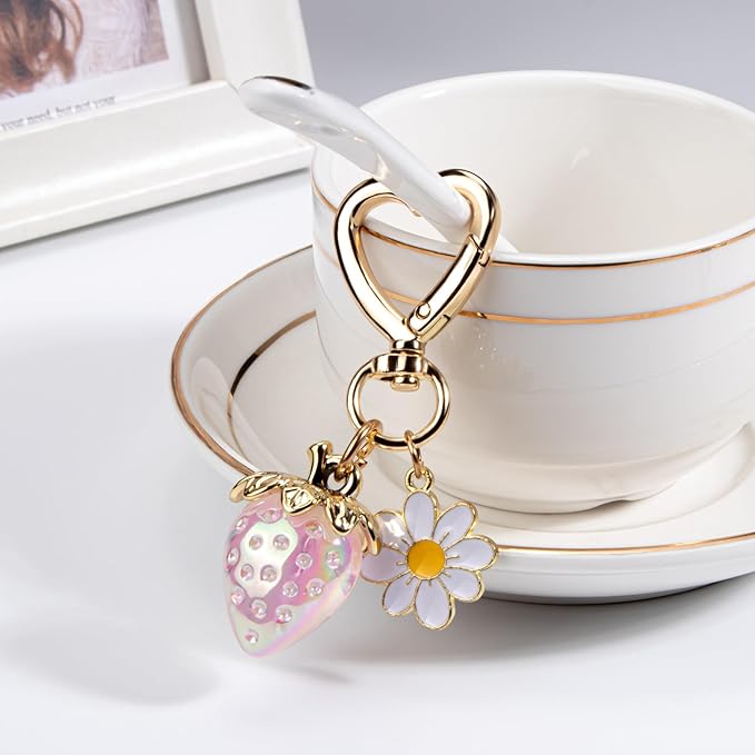 Wikavanli Cute Strawberry Keychain,Bag Charms,Kawaii Heart Flower Daisy Key chains Accessories Decor for Women Girls Purse