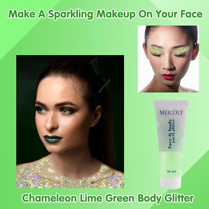MEICOLY Lime Green Body Glitter,Chunky Chameleon Face Glitter for Halloween Alien Makeup,Color Changing Mermaid Face Glitter Gel,Holographic Glitter for Face Body Hair,Festival Party Cheer Glitter
