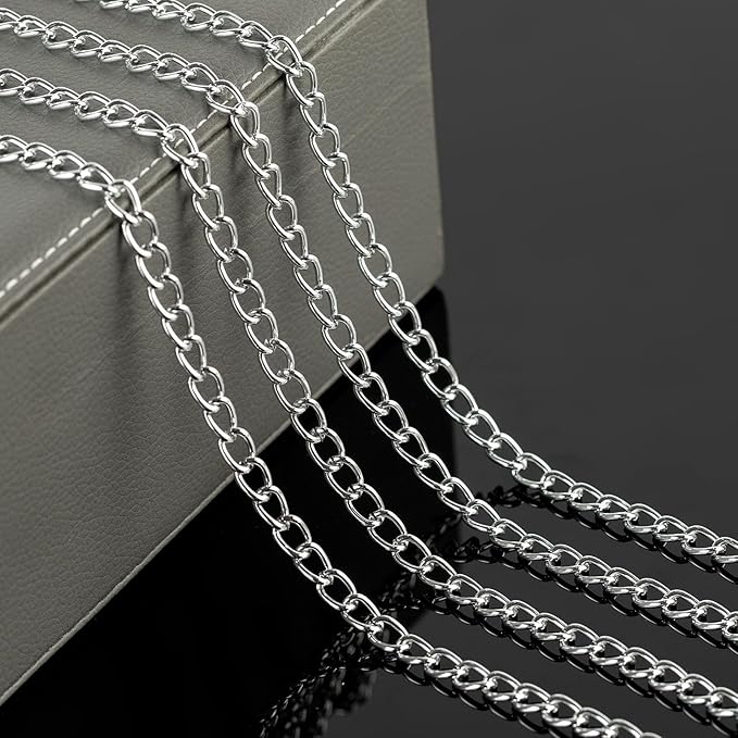 33ft/10m Cable Link Chain for Jewelry Making Light Silver Plated Aluminum Jewelry Chains Bulk with Jump Rings and Lobster Clasps