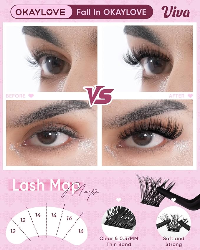 OKAYLOVE Fluffy Lash Clusters, VIVA 8-18mm Wispy Eyelash Clusters, 168pcs CC Curl Volume Cluster Eyelashes Extensions Black Band Individual Eye Lash Clusters