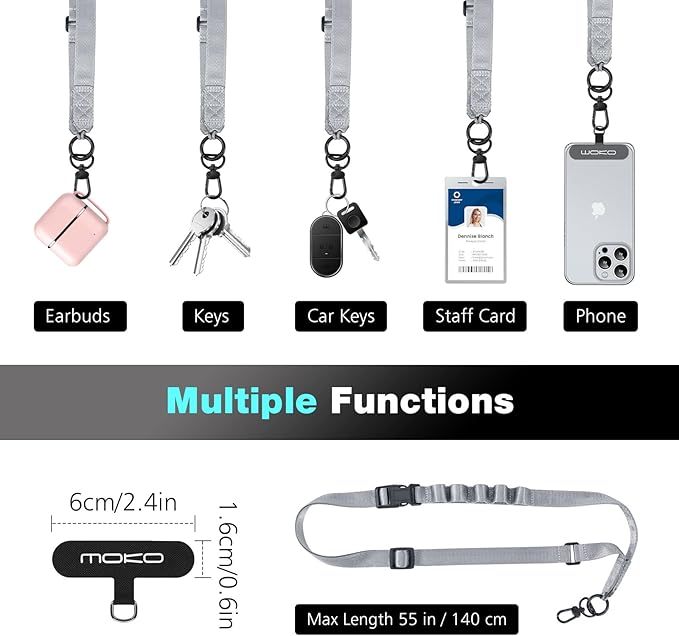 MoKo Universal Phone Lanyard, Nylon Adjustable Cell Phone Crossbody Strap Detachable Women & Men Cellphone Lanyards Around the Neck with Patches for iPhone, Most Smartphone, Dark Gray