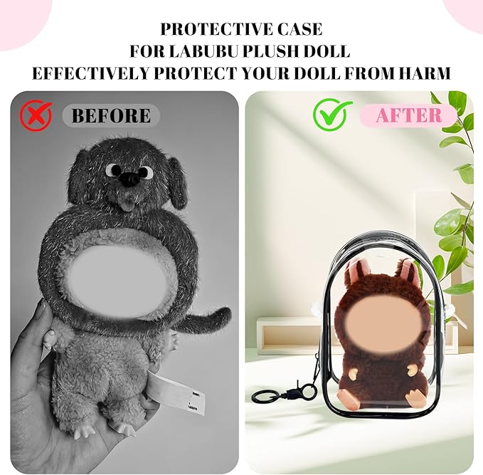 Protective Case for Plush Doll, Clear Hanging Display Cases, Crossbody Doll Storage Bag, PVC Storage Case Cover for Figures, Dolls (Black)