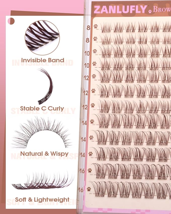 Brown Lash Clusters Clear Band Eyelash Clusters Natural Lashes Clusters Dark Brown Lash Extension C Curly Cluster Eyelash Extensions 8-16mm DIY Individual Lashes by ZANLUFLY