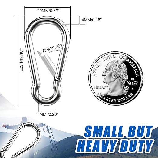 Small Carabiner Clip Hooks, 50pcs 1.57 inch Carabiners Heavy Duty, 304 Stainless Steel Spring Snap Hook Fits Camping Hiking, Metal Clips for Rope Chain Keys Rings