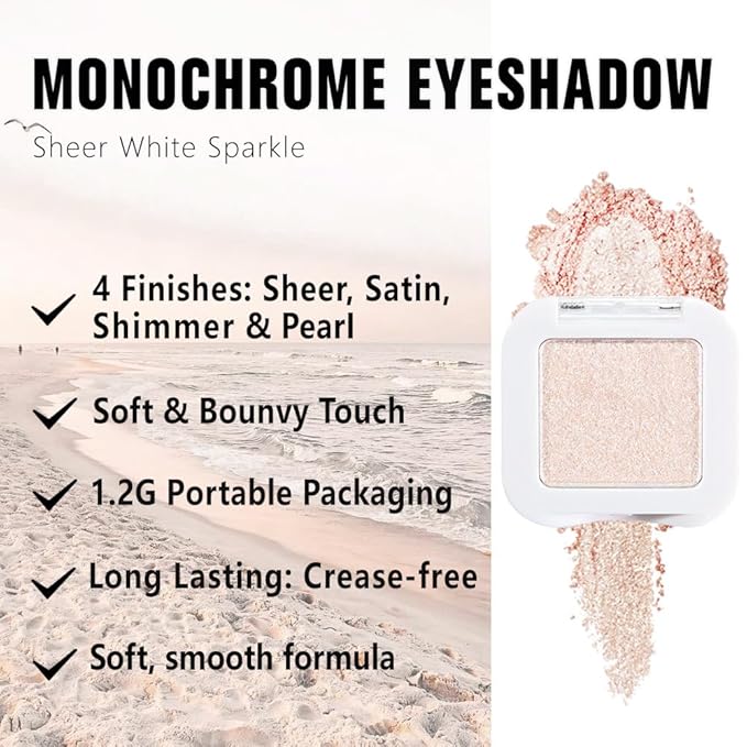 Glittler Single Eye Shadow Palette Makeup, Sheer White Sparkle Shimmer Monochrome Eyeshadow For Older Women, Pigmented Waterproof Sombras Para Ojos, Vegan, Talc, Paraben & Cruelty Free, 02