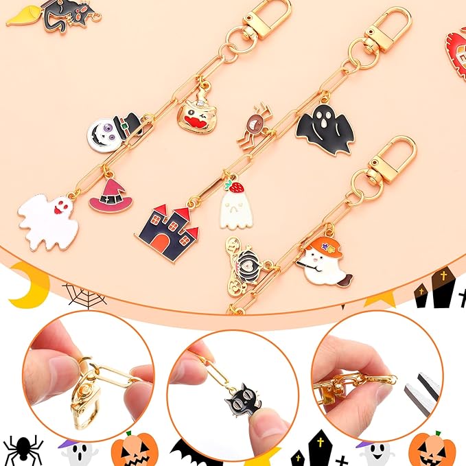 Tondiamo 266 Pieces Halloween DIY Gold Keychain Making Kit Bat Witch Hat Bag Charm Jewelry Making Pumpkin Ornaments Bulk for Key Ring Art Adults Women Bag Gift