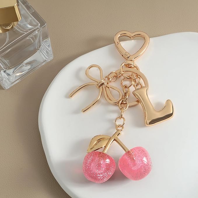 Snycler Bubble Initial Keychain with Cherry & Bow - Gold Letter Bag Charms for Women, Cute Purse Handbag Accessories