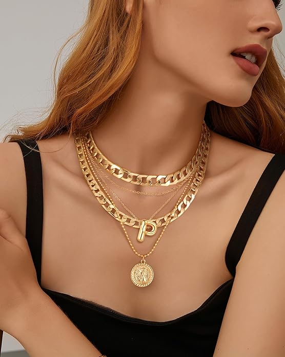 MJartoria Layered Necklaces for Women Trendy Balloon Initial Coin Pendant Necklace Dainty Chunky Chain Choker Necklaces Jewelry Birthday Gifts