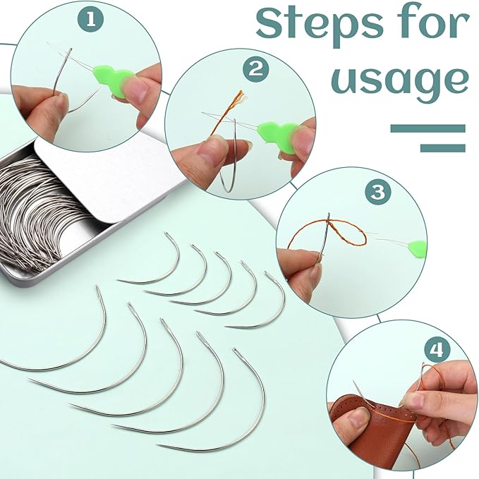GarfxG Heavy Duty Hand Sewing Needles, Curved Needles 60 PCS 2'' / 3.5 '' C Type Weaving Sewing Needles, Leather Sewing Needles with Metal Box for Upholstery Carpet Leather Canvas Repair