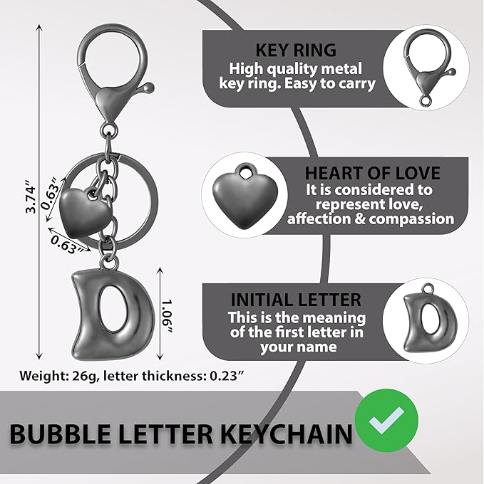 Heart Bubble Letter Keychain for Women, Girls - Cute Keychain with Initial - Alphabet Keychain for Bag Charm, Handbag