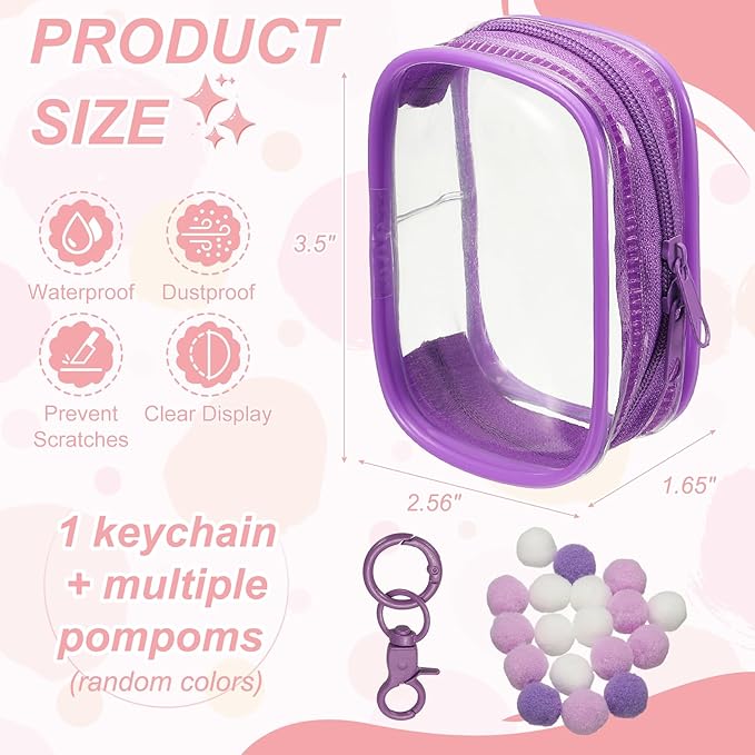 uxcell 3.5 Inch Clear Figure Display Bag, Mini Clear Pouch Waterproof Coin Pouch with Keychain and Pom Poms for Blind Box Doll Display (Square, Purple)