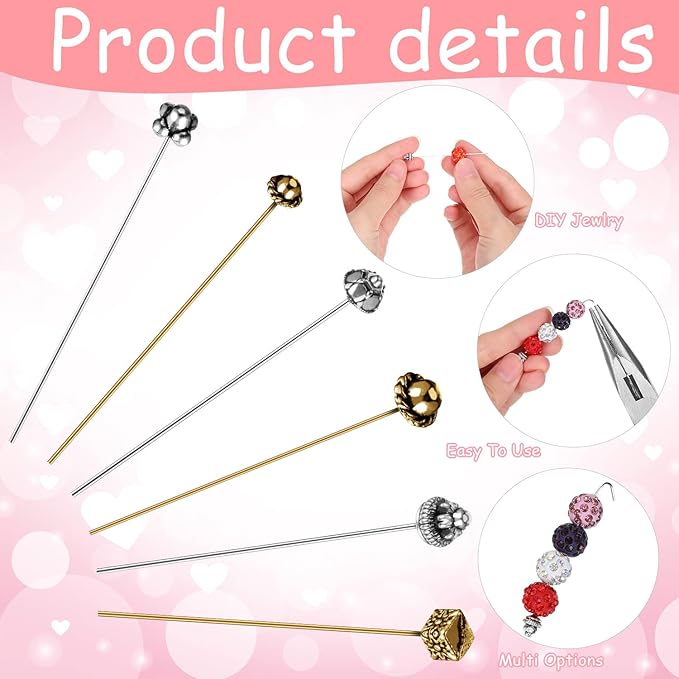 60 Pieces Jewelry Head Pins Mixed Color Alloy Pins Flower Needle Retro Long Metallic Head Pins Silver and Gold Beading Headpins for Jewelry Making Earring Bracelet Women DIY Accessories