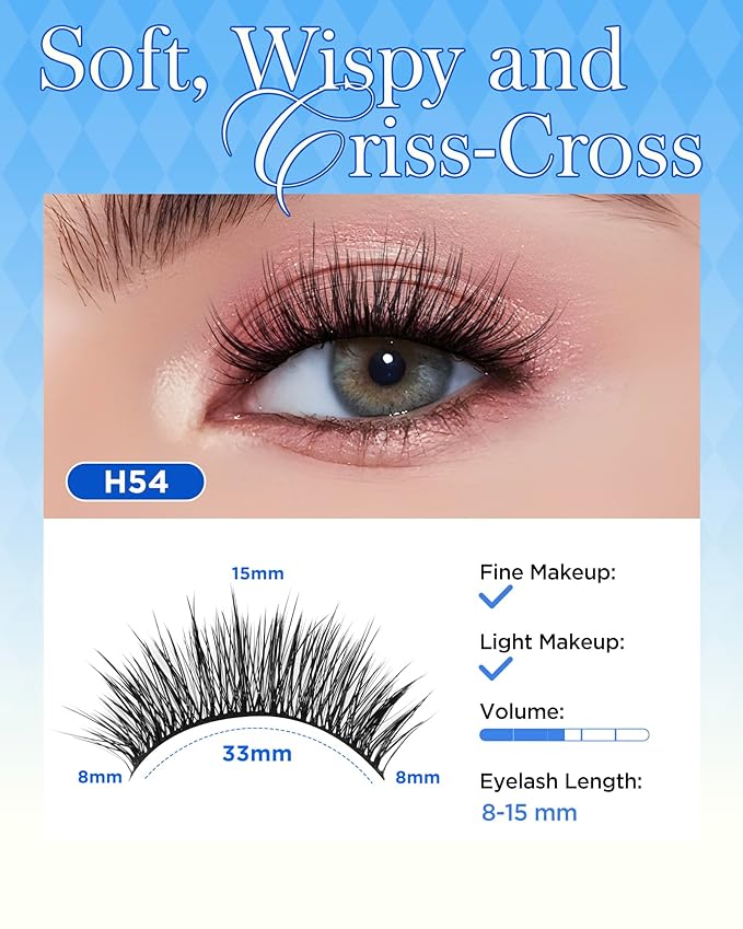 EYELIAN False Eyelashes, Black Full Volume Strip Flat Lashes 8-15mm Ultra Lightweight and Soft Wispy, Natural Doll Eye Fake Lashes, Reusable, Easy to Apply