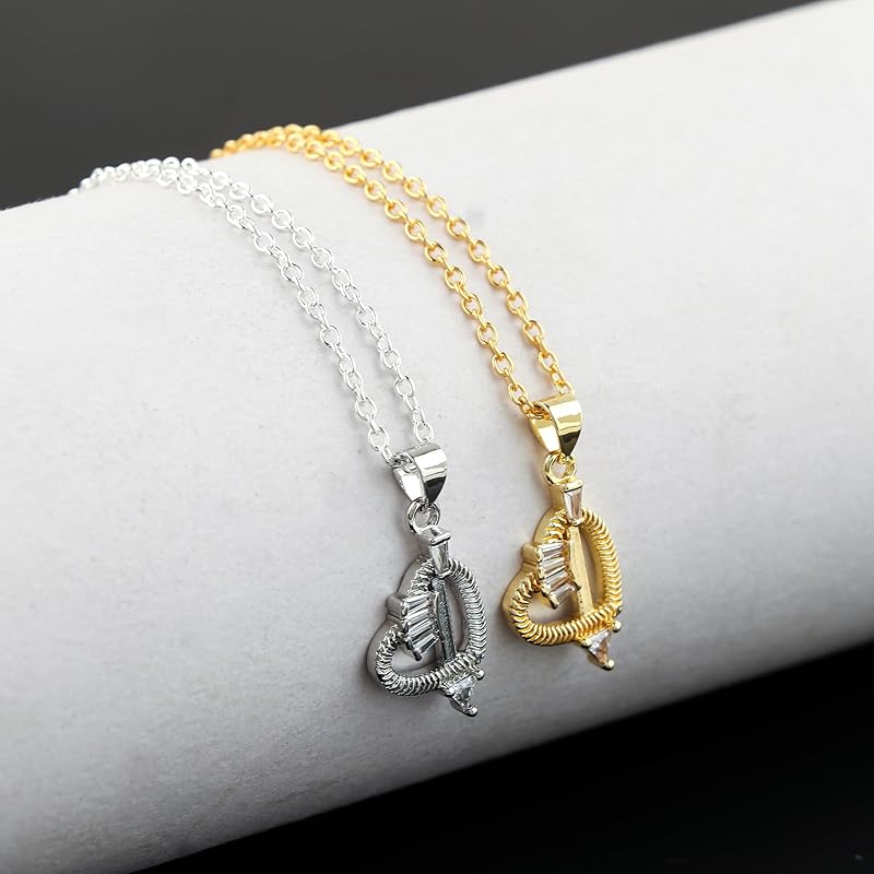 JOR Cross Heart Charm with CZ Pendant Necklace, Love, Feeling Charm, Women Jewelry, Dainty Gold & Silver Plated Combo Chain 18 inch (Pack of 2)